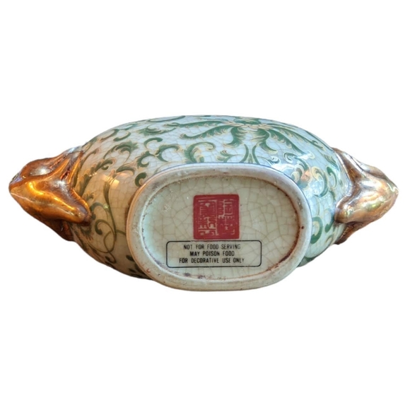 Porcelain China Vase Green Gold Burgundy Palm Trees with Off White Crackle Glaze - Picture 5 of 6